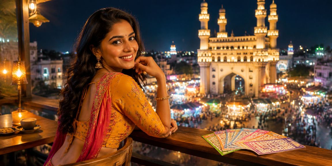 Hyderabad Charminar night market with lottery banners
