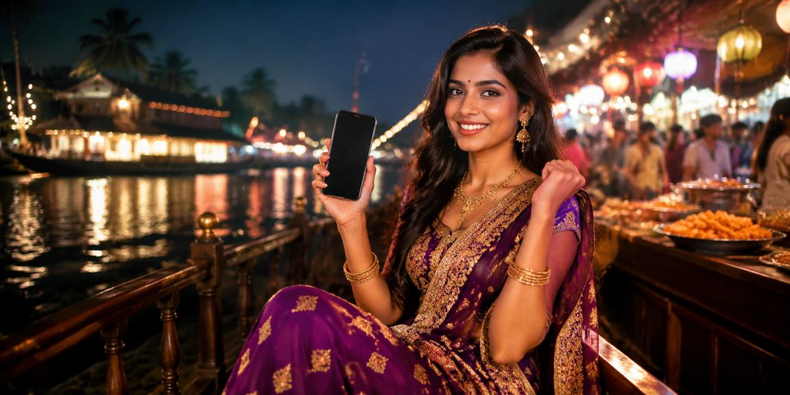 Players enjoying Aviator on mobile in a vibrant Kerala night market