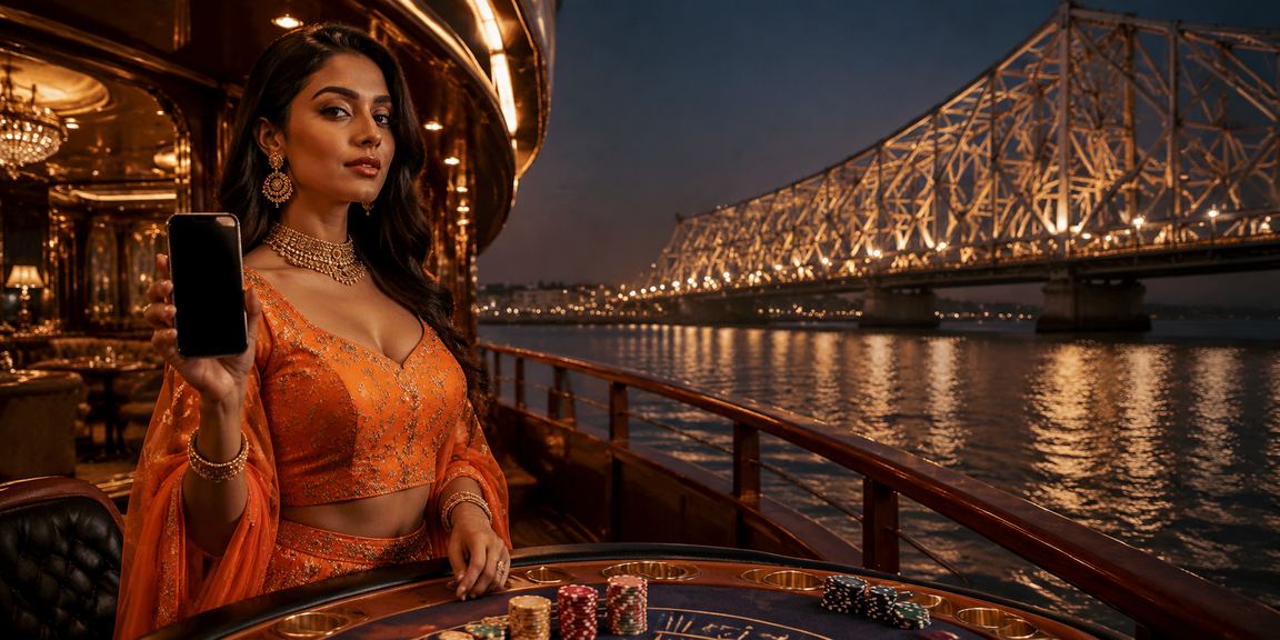 Evening view of Howrah Bridge and sports betting screen